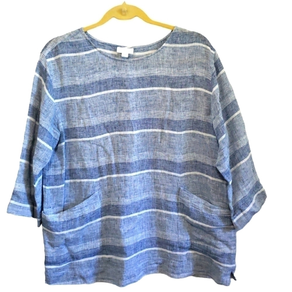 J. Jill Pure Jill Womens Blue Striped Linen Blend Popover Top 3/4 Sleeve, Size S